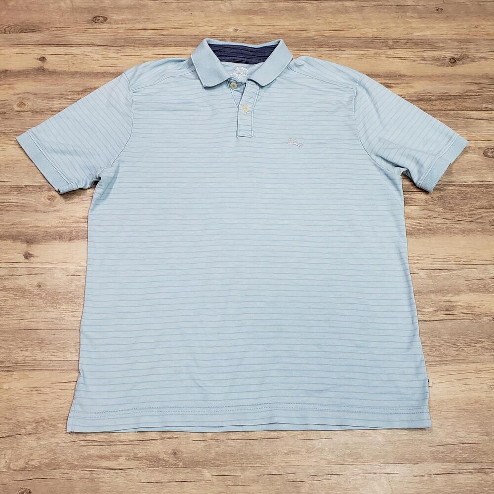 Tommy Bahama Polo Shirt Mens Small Blue Stripe Cotton Polyester Knit Casual